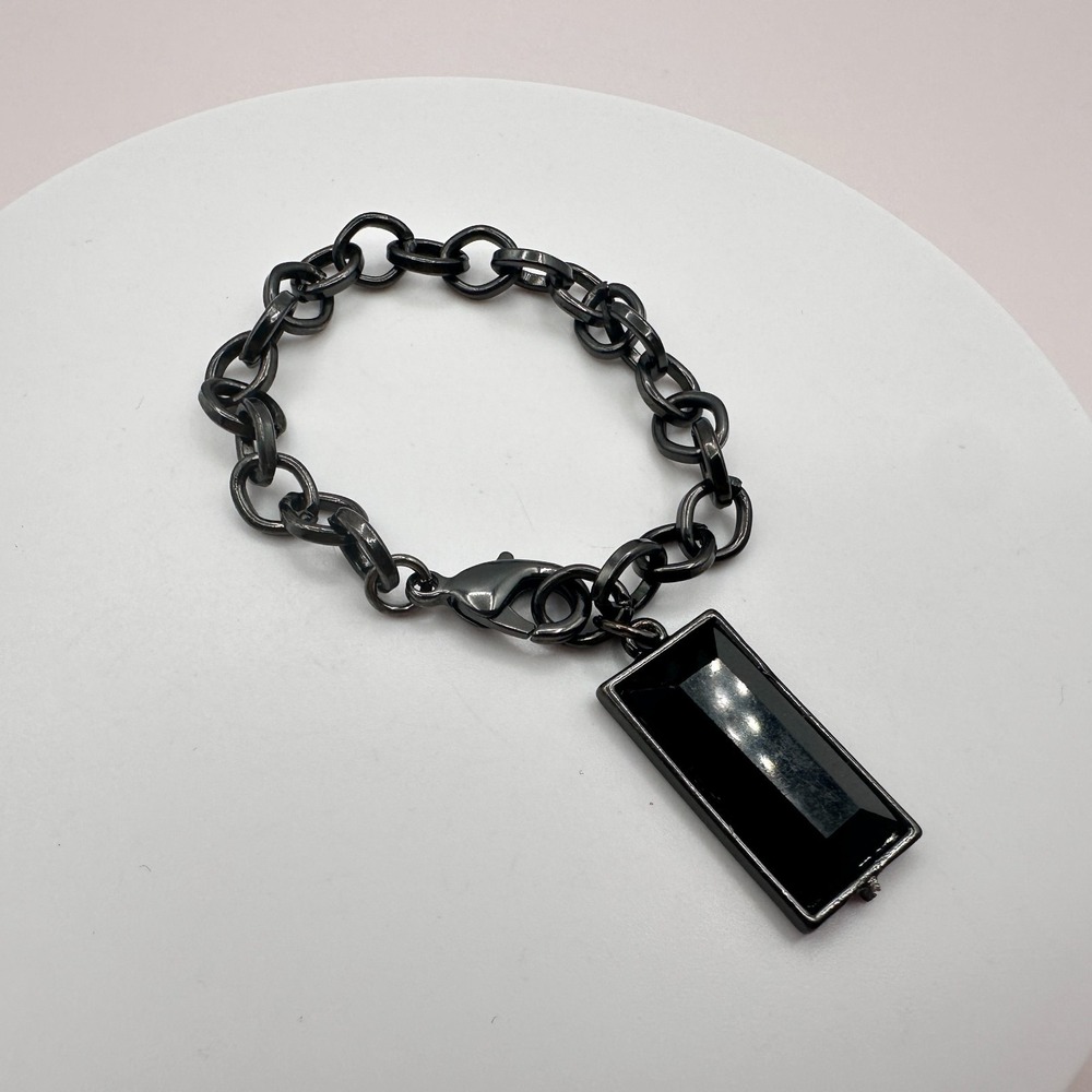 Vintage 90s Gunmetal Chain Black Glass Rectangle Bracelet - Classic Jewelry